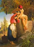 A couple by a wall in a vineyard Signed, inscribed Rome dated 1828, also signed and inscribed on a label verso The by Joseph Severn, 1828, Oil on board, sold Mar 2015