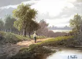 Figure by a river; Fisherman on a river A pair, both signed Both oil on canvas Each 25.5 x 35.5cm; 10 x 14in (2) ++Both lined, good condition by Etty Horton, oil on canvas, sold Mar 2015