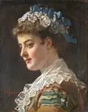 Portrait of a lady in a lace cap with blue ribbons Signed Oil on canvas 36 x 29cm; 14 x 11½in ++Unlined, retouched, canvas slightly rippled by Karl Becker, Oil on canvas, sold Mar 2015