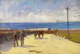 Horse and cart and children in a coastal scene Signed Oil on panel 16 x 24cm; 6¼ x 9½in ++Several areas of paint loss and some rubbing right margin by Alfred East, Oil on panel, sold Mar 2015
