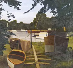Old Boats Signed, titled verso Oil on board 29 x 30cm; 11½ x 12in ++Varnish slightly bloomed on the boat, otherwise good by Bernard  Carter, Oil on board, sold Mar 2015