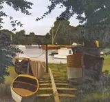 Old Boats Signed, titled verso Oil on board 29 x 30cm; 11½ x 12in ++Varnish slightly bloomed on the boat, otherwise good by Bernard  Carter, Oil on board, sold Mar 2015