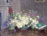 Still life of primroses and spring flowers on a table Signed with by Emily Beatrice Bland, Oil on board, sold Mar 2015