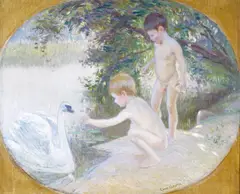Boys bathing and feeding a swan Signed Oil on canvas 38 x 47cm; 15 x 18½in ++Does not appear to be relined, good condition, possibly some restoration by Léon Comerre, Oil on canvas, offered Mar 2015