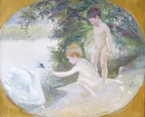 Boys bathing and feeding a swan Signed Oil on canvas 38 x 47cm; 15 x 18½in ++Does not appear to be relined, good condition, possibly some restoration by Léon Comerre, Oil on canvas, offered Mar 2015