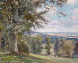 Parkland view with a distant city, possibly Oxford Signed Oil on board 38.5 x 46cm; 15 x 18in ++Good condition by Ernest Herman Ehlers, Oil on board, sold Mar 2015