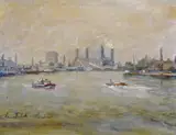 The Thames looking towards Battersea Power Station Signed and inscribed London Oil on board 17 x 22cm; 6¾ x 9¾in ++Minor surface dirt, otherwise good by Reno Fabretti, Oil on board, sold Mar 2015
