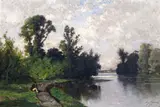 Figure seated on a riverbank Signed and dated 75 Oil by Eugène Ciceri, Oil on panel, sold Mar 2015