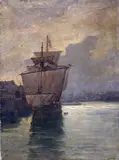 A ship at anchor Signed with initials Oil by Alfred J. Pazolt, Oil on canvas, unframed, offered Mar 2015