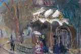Figures on a street Signed Oil on canvas 26.5 x 40cm; 10½ x 15in ++Unlined, a little cracking to paint impasto, good condition by Gabriel Dauchot, Oil on canvas, offered Mar 2015