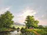 The picnic by the river Signed Oil on board 30 x 40cm; 12 x 16in ++One or two scuffs upper right otherwise good condition by Gudrun Sibbons, Oil on board, sold Mar 2015