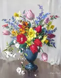 Still life of tulips, daffodils and other flowers in a vase Signed Oil on canvas 61 x 51cm; 24 x 20in ++Good condition by Vernon Ward, Oil on canvas, sold Mar 2015