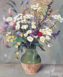Still life of summer flowers in a jug Signed Oil by M. Seignobos, Oil on canvas, sold Mar 2015
