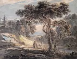A woman and horse on a track with a distant castle Watercolour with by Paul Sandby, Watercolour with stopping out, sold Mar 2015