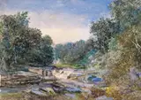 Figures crossing a rocky stream Signed Watercolour 23.5 x 33cm; 9¼ x 13in Provenance: A.C.C by Alfred Vickers, Watercolour, sold Mar 2015