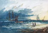 Figures on the shore with shipping entering an estuary Signed also by Samuel Prout O.W.S., Watercolour, sold Mar 2015