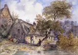 Country cottage with an old lady smoking a pipe Signed and dated 1842 under mount Watercolour 22.5 x 31cm; 9 x 12¼in ++Some fading and very faint foxing in sky by William Shepherd, 1842, Watercolour, offered Mar 2015