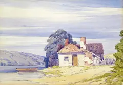 Riverside cottages with moored boats A pair by John Callow, watercolour, offered Mar 2015