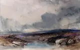 A passing shower over moorland Signed and dated 1859 by Thomas Charles Leeson Rowbotham, 1859, Watercolour with scratching out on buff paper, sold Mar 2015