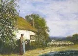 A country girl by a cottage with sheep and a pond Signed Watercolour by Frederick Hines, Watercolour with gouache, offered Mar 2015