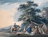 Gypsies round the camp fire with donkeys Signed and dated 1807 Watercolour by Peter La Cave, 1807, Watercolour, sold Mar 2015