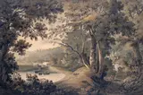 Figures in a wooded river landscape Thought to be by James Bourne, Watercolour, sold Mar 2015