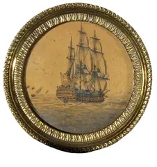 Miniature portrait of the ship Victory Watercolour on buff paper, circular 6.5cm; 2½in diameter ++Some fading and discolouration, a few spots of bloom by Samuel Atkins, Watercolour on buff paper, circular, sold Mar 2015