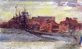Warehouses at Sandwich Inscribed Sandwich Watercolour with pen and ink 12 x 19.5cm; 4¾ x 7¾in Provenance: Heather Newman, Gloucs by Frank Brangwyn, Watercolour with pen and ink, sold Mar 2015