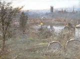 Old Bristol in 1890 Signed, titled and inscribed In Memory of Reece Webbson on gravestone, also said to be inscribed on earlier mount, All gone since 1925 Pen by Albert Goodwin, Pen, ink and watercolour with bodycolour, sold Mar 2015
