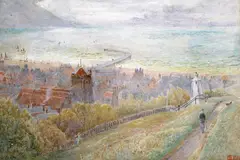 Hastings with the West Hill lighthouse and a church tower Signed with by Harry Goodwin, 1914, Watercolour with scratching out, sold Mar 2015