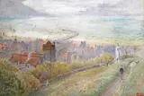 Hastings with the West Hill lighthouse and a church tower Signed with by Harry Goodwin, 1914, Watercolour with scratching out, sold Mar 2015