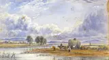 Haymaking by a river Signed with initials and dated 1865 Watercolour 11 by Henry Pilleau, 1865, Watercolour, offered Mar 2015