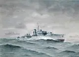 Atlantic Convoy Signed and dated 1975 Watercolour heightened with white 25 x 35cm; 10 x 13¼in ++Good condition by Eric Erskine Campbell Tufnell, 1975, Watercolour heightened with white, sold Mar 2015