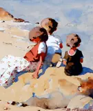Children playing on the shore, together with two others similar, (3) by Bernard McDonald, all signed 'B. McDonald' watercolour, sold Oct 2012