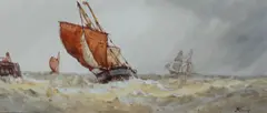 Sailing boat entering harbour, fishing boat in a heavy sea, boats off the shore by Frederick James Aldridge, all signed 'F J Aldridge' (lower right) watercolour, sold Oct 2012