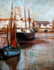 Harbour scene with boats, twilight, possibly French by Frank Lewis Emanuel, sold Oct 2012