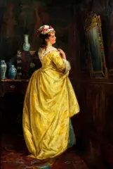 Elegant young lady by a mirror by Abraham Solomon, oil on canvas, sold Oct 2012