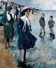 Figures paddling on a beach; children and figures on a promenade and couple walking by Tom Durkin, two signed 'DURKIN' (lower right) oil on canvas, sold Oct 2012