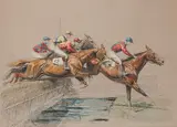 The Water Jump at Enghien by Eugène Péchaubès, lithograph, watercolour and  heightened with white, offered Jun 2012
