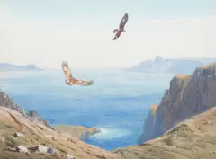 Eagles Soaring Over Cliffs by John Cyril Harrison, watercolour over traces of pencil, offered Jun 2012