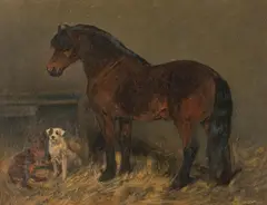 Horse in a Stable with two dogs by John Emms, oil on canvas, sold Jun 2012