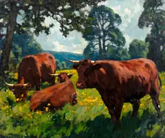 Beef cattle grazing in a meadow, and another, a dairy herd watering by a stream by William Gunning King, one signed 'Gunning King' and indistinctly dated 1936 (lower left), one signed 'Gunning King' and indistinctly dated 193, sold Dec 2012