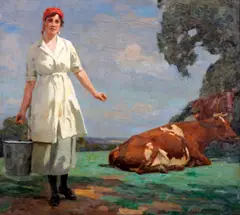 Feeding the sheep, together with another, fetching the milk by William Gunning King, both signed 'Gunning King' (lower right) oil on canvas, sold Dec 2012