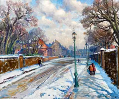Bentinck Road and the Old General Infirmary under snow, Newcastle on Tyne by Samuel John Lamorna Birch, R.A., R.W.S., R.W.A., sold Dec 2012