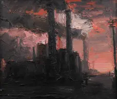 Chimneys and pink sky by Theodore Major, sold Dec 2012