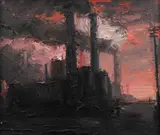 Chimneys and pink sky by Theodore Major, sold Dec 2012