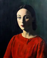 Portrait of Nellie Pickering wearing a red dress by Jacob Kramer, sold Dec 2012
