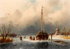 A winter scene with figures by a boat on a frozen river by Charles Leickert, oil on panel, sold Jun 2012