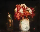 Still life with flowers and figurine by William George Robb, indistinctly signed (lower right), oil on board, sold Sep 2012