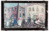 figures going to church by Andrew Turner, oil on board, sold Jan 2019